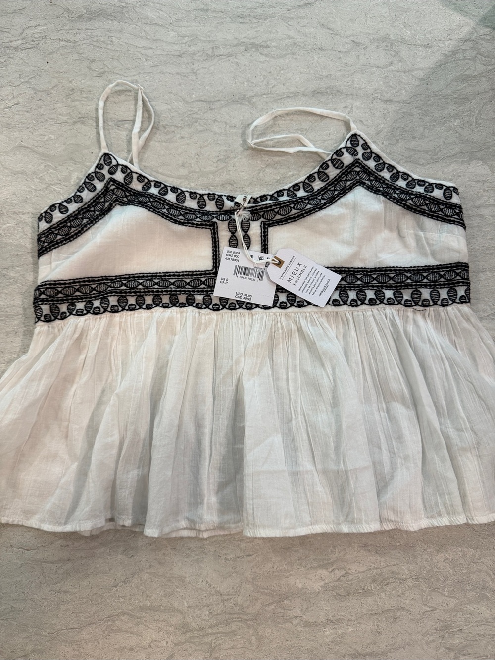 American Eagle Outfitters White Crop Camisole with Black Embroidery